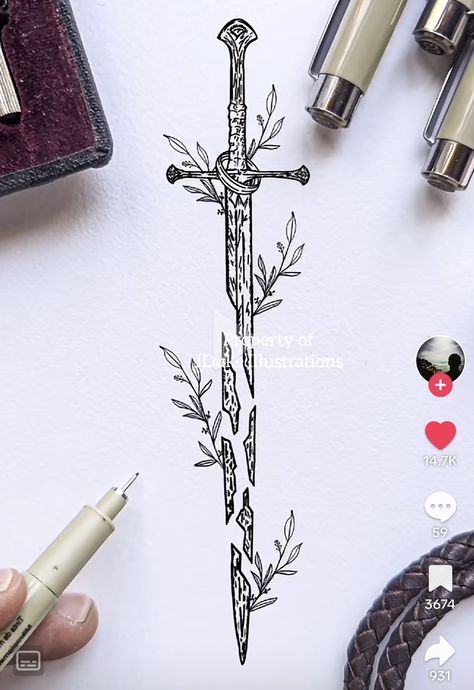 Way Of Kings Tattoo, Lotr Swords Tattoo, Shards Of Narsil Tattoo Design, Small Lotr Tattoo Simple, Narsil Tattoo With Flowers, Lotr Spine Tattoo, Knife Tattoos For Men, The Thirteen Tattoo, Book Spine Tattoo