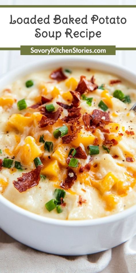 Experience the ultimate comfort food with our Loaded Baked Potato Soup Recipe! Rich, creamy, and loaded with toppings like bacon, cheese, and scallions, this soup is a crowd-pleaser. Quick and easy to prepare, it’s the perfect dish for busy weeknights. Pin this recipe and enjoy a delicious bowl! Baked Potato Cheese Soup, Loaded Baked Potato Soup With Milk, Loaded Baked Potato Soup Insta Pot, Soup Baked Potato, O Charlie’s Loaded Potato Soup, The Best Loaded Baked Potato Soup, Loaded Potato Bacon Soup, Baked Potato Soup For Two, Dairy Free Loaded Baked Potato Soup