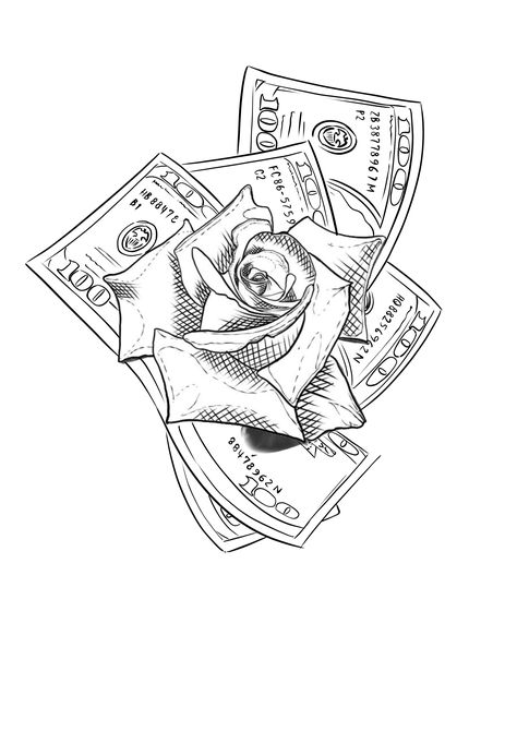 Cute Money Tattoo, Money Rose Tattoo Stencil Outline, Cards Tattoo Stencil, Money Rose Tattoo Stencil, Money Stencil, Money Rose Tattoo, Wrist Tattoos Words, Dollar Tattoo, Chest Tattoo Stencils