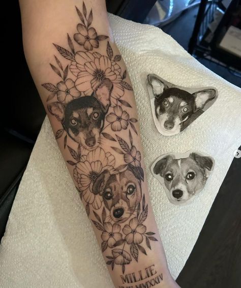 #Flower #Dog #Tattoo Flowers And Dog Tattoo, Dog Beach Tattoo, Flower Dog Tattoo, Dog And Flower Tattoo, Bio On Instagram, Flower Dog, Beach Tattoo, Memorial Tattoo, Dog Flower