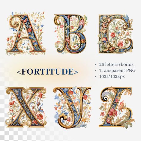 Fairytale Lettering, Illuminated Letters Medieval, Medieval Png, Medieval Lettering, Christian Virtues, Floral Lettering, Medieval Pattern, Illuminated Letters, Inner Strength