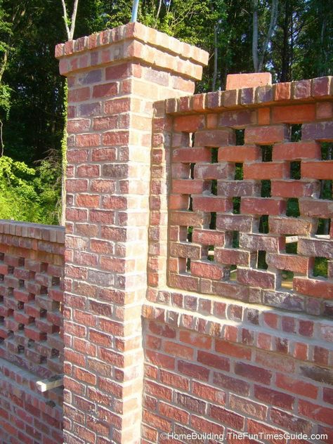 Pierced Brick Walls: A Classic Screen Alternative | Fun Times Guide to Home Building/ Remodeling Brick Patterns Wall, Brick Privacy Wall, Brick Fence Ideas, Brick Fences, Building A Brick Wall, Brick Wall Pattern, Brick Wall Gardens, Wall Gardens, Brick Columns