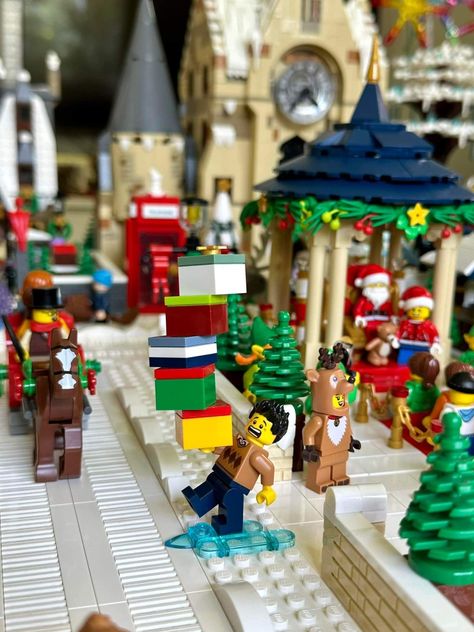 Lego Holiday Village, Lego Christmas Village Diy, Lego Village Ideas, Christmas Lego Village, Lego Winter Village Ideas, Lego Christmas Village Display Ideas, Lego Christmas Village Display, Lego Winter Village Display, Lego City Display