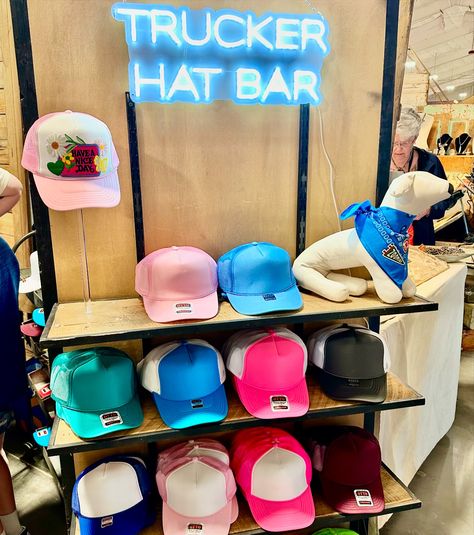 DIY trucker hat is a summertime necessity for the beach ☀️✨ Hat bar tip: come with inspiration pics! Trucker Hat Bar Display Ideas, Bar Display Ideas, Diy Trucker Hat, Bar Trailer, Hat Bar, Inspiration Pics, Bar Display, Bar Displays, Instagram Diy