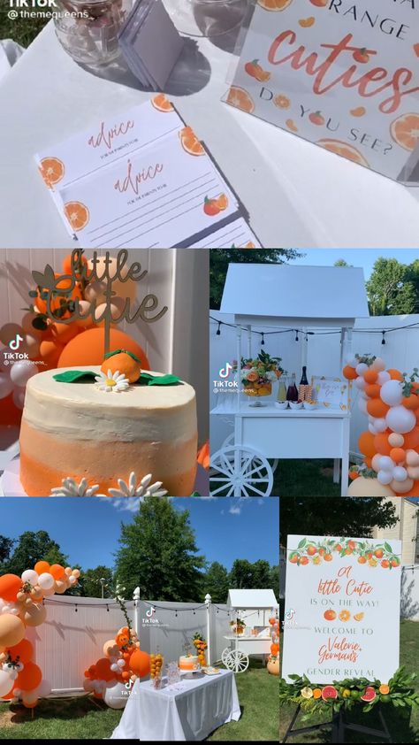 Cutie Oranges Gender Reveal, Cutie Gender Reveal Dessert Table, Fruit Theme Gender Reveal, Cutie Gender Reveal Cake, What Will The Cutie Be, Gender Reveal Summer Theme, Summertime Gender Reveal Ideas, Fruit Gender Reveal Ideas, Cute Gender Reveal Themes Summer