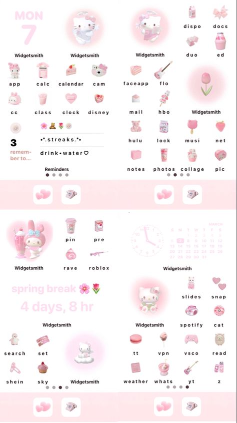 Cute Phone Themes Hello Kitty, Phone Inspiration Hello Kitty, Iphone Layout Hello Kitty, Cute Hello Kitty Widgets, Ipad Home Screen Layout Aesthetic Pink, Phone Theme Ideas Hello Kitty, Hello Kitty Ipad Homescreen, Cute Pink Homescreen Ideas, Hello Kitty Ios 16 Home Screen