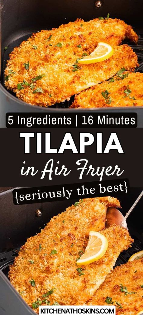 Learn how to make the best air fryer tilapia with breading that is healthy, easy to make in under 20 minutes and can be easily adaptable with frozen tilapia fish fillets. The panko breading gets super crispy and it is an ideal tilapia dinner idea using just 5 ingredients. Get the easy crispy tilapia in air fryer at kitchenathoskins.com. Crispy Tilapia, Air Fryer Tilapia, Tilapia Dinner, Breaded Tilapia, Air Fried Fish, Frozen Tilapia, Air Fryer Fish Recipes, Air Fryer Fish, Tilapia Recipes