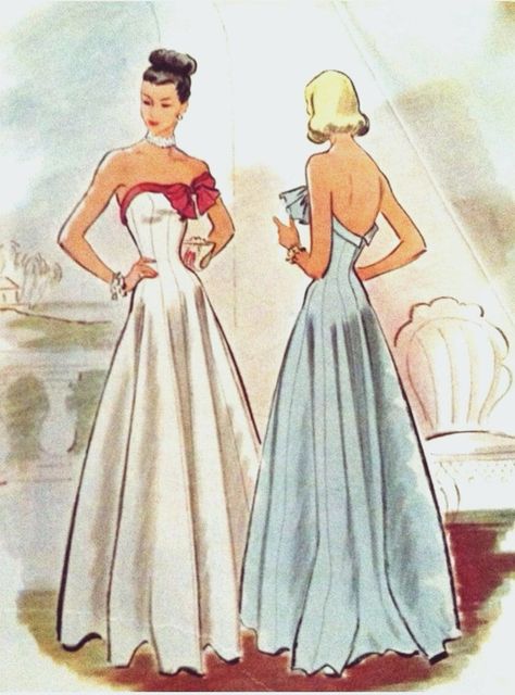 1940s Fashion Formal, Bridesmaid Dresses Sketch, 90s Gown Evening Dresses, Ballgown Patterns, Retro Prom Dresses 90s, Y2k Lookbook, Evening Dress Pattern, Vintage Sketches, Dress Pattern Pdf