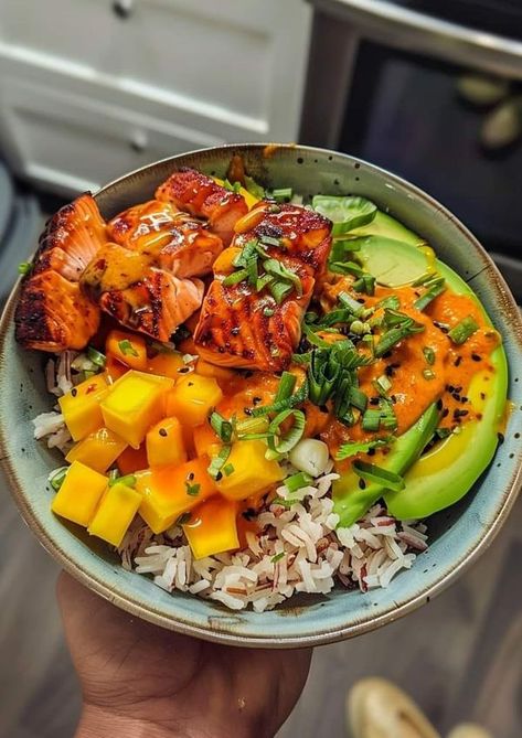 DAILY DIABETIC RECIPES | 🍣 Maple Sriracha Salmon with Coconut Rice & Mango Avocado Salsa Bowl with Chili Mayo 🥭🥑 | Facebook Salmon With Coconut Rice, Maple Sriracha, Mango Salmon, Sriracha Salmon, Tuna Tacos, Mango Avocado Salsa, Salsa Bowls, Mango Avocado, Salmon Bowl