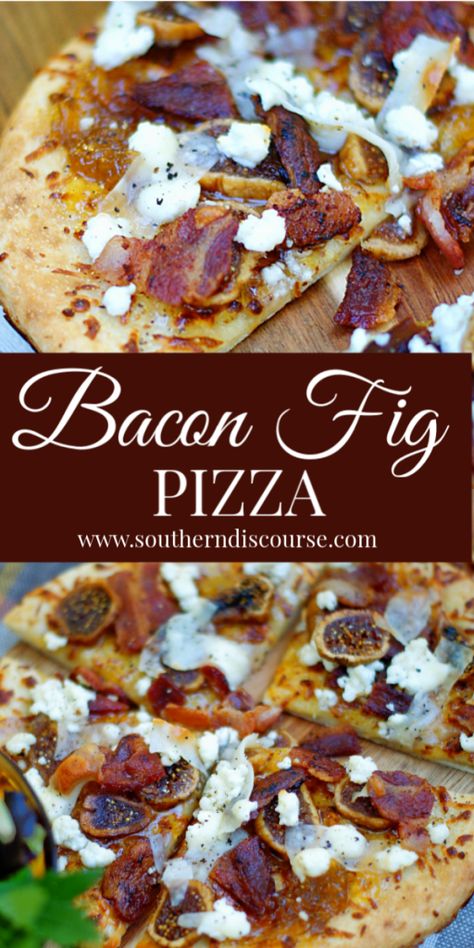 Bacon Fig Pizza - southern discourse Savory Meat Recipes, Pizza Oven Appetizers, Sweet And Savory Pizza, Speciality Pizza Ideas, Bacon Pizza Recipe, Pizza Rustica Italian Recipe, Specialty Pizza Ideas, Unique Pizza Ideas, Different Pizza Ideas