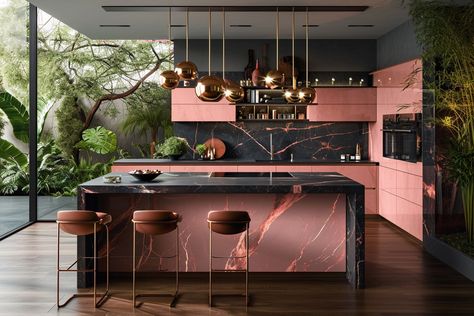 Black and pink rose gold marble kitchen interior design Rose Gold And Black Kitchen Ideas, Pink Granite Countertops Kitchen, Black And Rose Gold Kitchen, Black Pink Kitchen, Marble Kitchen Interior, Black Granite Countertops Kitchen, Cafe Bar Interior, Marble Bathrooms, Pink Cabinets