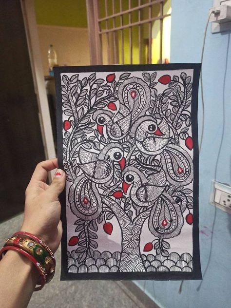 Madhubani Paintings and Art | A4 size handmade paper | Facebook Madhubani Painting Design, Madhubani Art Motifs, Madhubani Motifs, Wow Painting, Mithila Art, Gond Art, Warli Art, Madhubani Paintings, Easy Mandala