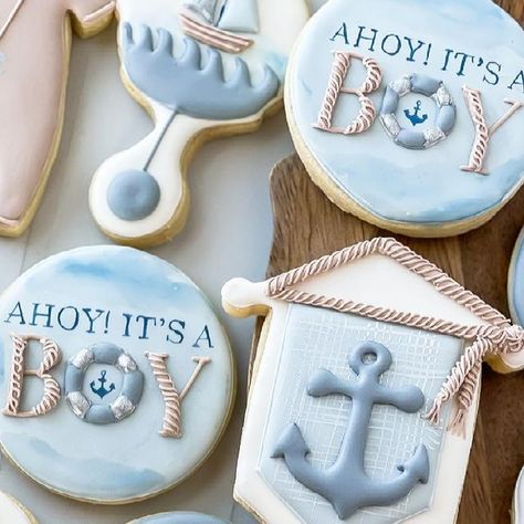 TheBatch on Instagram: "Full set of ‘Ahoy it’s a Boy’ cookies. I loved getting to incorporate some watercolor into these. Do you guys like to paint on your cookies as much as I do???💙⚓️💙⚓️💙⚓️ . . . . . . . . . #cookiedecorating #cookiedecorator #cookier #cookies #royalicingflowers #sugarcookiesofinstagram #cookiesofinstagram #cookieart #edibleart #royalicingcookies #decoratedsugarcookies #royalicing #sugarcookies #customcookies #designercookies #watercolor #babyshower #ahoyitsaboy #customsugarcookies #decoratedcookies #sugarart #cookieartist #foodiesofinstagram #foodie #foodies #buzzfeedfood #talentedcookiers" Ahoy It’s A Boy Cookies, Nautical Baby Shower Cookies, Nautical Cookies Decorated, Boat Cookies, Baby Shower Cookies Boy, Nautical Cookies, Decorated Biscuits, Cookies Decoration, No Bake Sugar Cookies