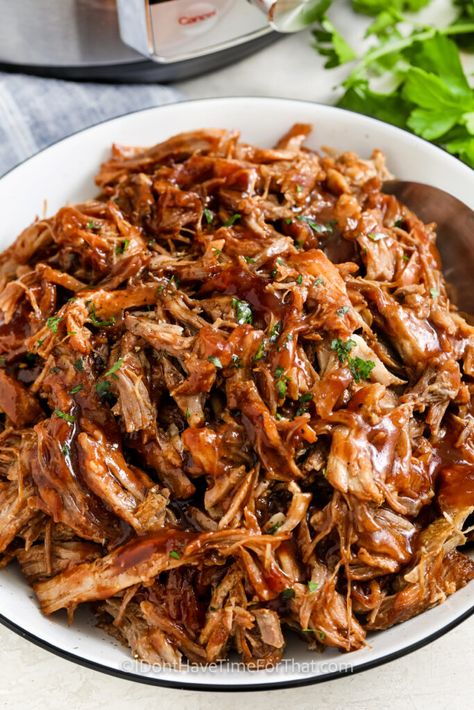 Make this recipe for pulled pork in the Instant Pot and enjoy the taste of tender slow-cooked meat in less than than an hour! Flavorful pork shoulder is pressure cooked in the Instant Pot with a tangy homemade BBQ sauce, then shredded and piled on a plate or slider bun. Even the toughest pork roast cooks up tender and juicy in the Instant Pot. #pulledporkintheinstantpot #idonthavetimeforthat #bbqpulledporkinstantpot #instantpotpulledporkrecipe Pork Shoulder Roast Instapot, Instant Pot Pork Loin Pulled Pork, Boneless Pork Shoulder Instant Pot, Pull Pork Instant Pot Recipe, Insta Pot Pulled Pork Recipes, Pork Roast Pressure Cooker Recipes, Boneless Pork Roast Instant Pot, Pork Roast Recipes Instant Pot, Instapot Pulled Pork Recipes