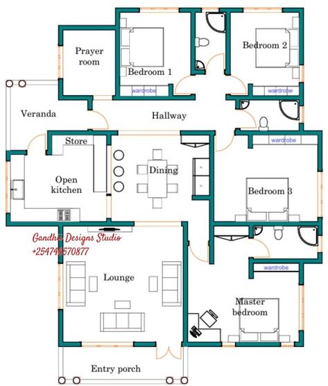 Amazing four bedroomed bungalow... - Gandhii Designs Studio 4 Bedroom House Plans Bungalows, Map Of House Design, 4bedroom House Design, 4bedroom Bungalow Design, Small House Design Floor Plan, Smart House Plans, Bungalow House Floor Plans, Drawing House Plans, Bungalow Flooring