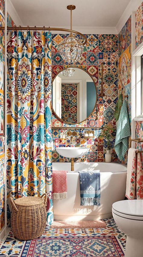 Boho Bathroom Ideas Moroccan Inspired Bathroom, Maximalist Boho, Boho Bathroom Ideas, Boho Decor Ideas, Eclectic Bathroom, Bright Boho, Moroccan Lanterns, Bathroom Tile Ideas, Beachy Boho