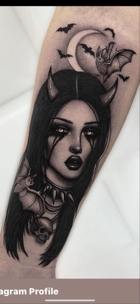 Dark Feminine Tattoos Beautiful, Demonic Woman Tattoo, Gothic Nun Tattoo, Gothic Female Tattoo, Vampire Portrait Tattoo, Creepy Lady Tattoo, Gothic Stilleto Nails Designs, Lady With Flowers Tattoo, Dark Arm Tattoos For Women