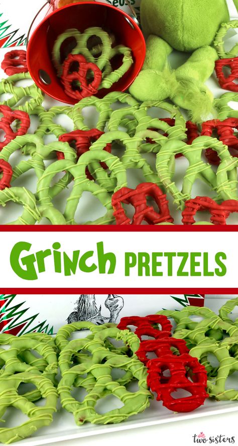 Grinch Pretzels, Easy To Make Christmas Treats, Heart Pretzels, Pretzels Christmas, Grinch Christmas Treats, Grinch Heart, Grinch Christmas Party, Grinch Christmas Decorations, Best Christmas Recipes