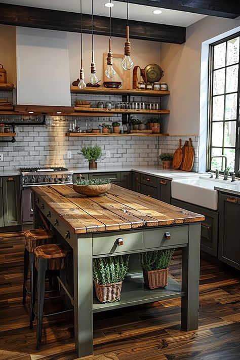 Kitchen Island Only, Rustic Commercial Kitchen, Kitchen Lighting Farmhouse, Kitchen Island Rustic, Kitchen Island Table Ideas, Cottage Kitchen Island, Kitchen Table Farmhouse, Kitchen With Table Instead Of Island, Marble Top Kitchen