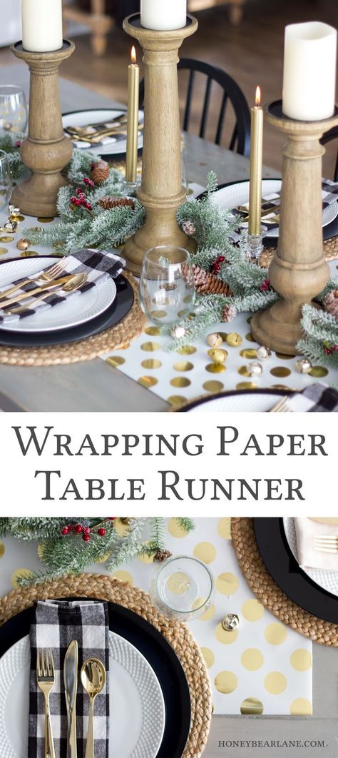 Easy Wrapping Paper Table Runner. #christmasdiy  #christmasdecor #christmas #christmashomedecor Wrapping Paper Table Runner, Formal Tablescapes, 1920 Christmas, Cheap Table Runners, Decorating Table, Paper Table Runner, Table Runner Diy, Christmas Table Setting, Spring Formal