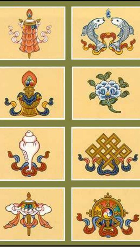 The Ashtamangala – The Eight Auspicious Symbols of Tibetan Buddhism Tibetan Symbols, Buddhism Symbols, Esoteric Symbols, Buddhist Symbols, Symbol Tattoo, Golden Fish, Gautama Buddha, Thangka Painting, Tibetan Art