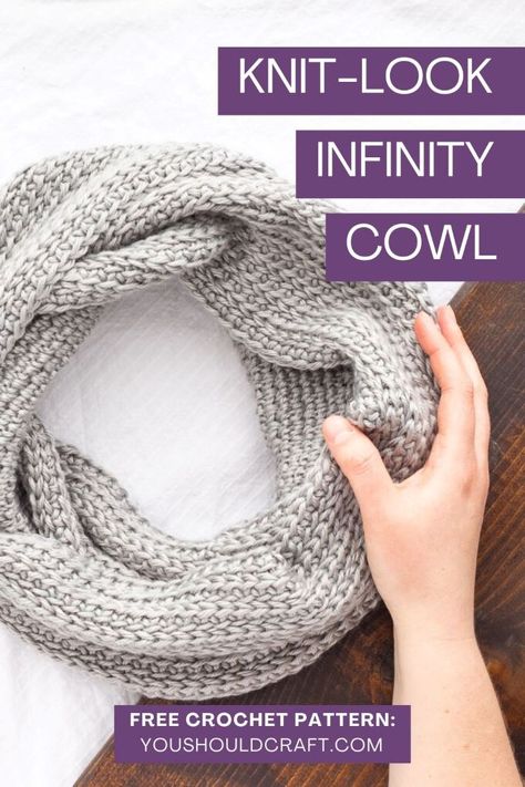 Stay warm with the Misty Infinity Cowl crochet pattern. This easy crochet scarf features a rich ribbed texture that looks almost knit. Free crochet pattern includes four sizes and a video tutorial via YouShouldCraft.com Crochet Scarf Pattern Free Easy, Crochet Infinity Scarf Free Pattern, Easy Crochet Scarf, Crochet Infinity Scarf Pattern, Cowl Crochet Pattern, Crochet Cowl Free Pattern, Crochet Cowls, Ribbed Crochet, Infinity Cowl