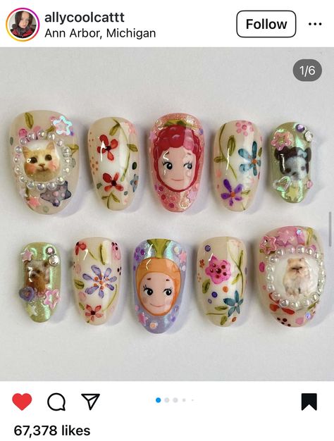 Chunky Gel Nails, Cake Nails, Angel Nails, Really Cute Nails, Floral Set, Angel Baby, Sonny Angel, Cute Nail Art, Dream Nails