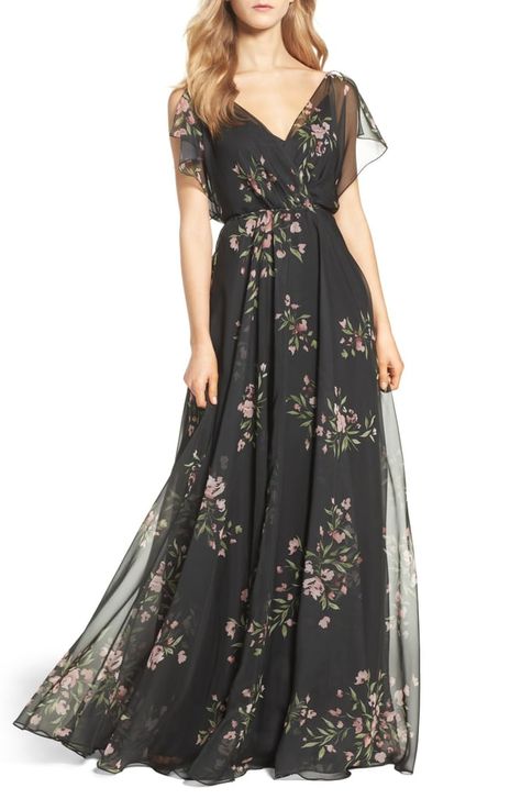 Jenny Yoo Cassie Flutter Sleeve Surplice Gown Black White Floral Dress, Ethereal Gown, Jenny Yoo, Floral Gown, Strapless Floral Dress, Digital Painting Tutorials, Vestidos Vintage, White Floral Dress, Chiffon Gown