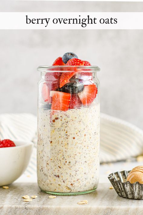 Oatstraw Tea, Overnight Oats With Fruit, Berries Overnight Oats, Mixed Berry Overnight Oats, Quick Overnight Oats, Classic White Farmhouse, Classic Farmhouse Exterior, Simple Overnight Oats, Berry Overnight Oats