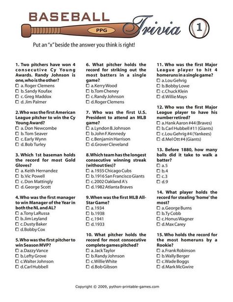 Printable Baseball Trivia Game Baseball Trivia Questions And Answers, Baseball Party Games, Baseball Trivia, Baseball Activities, Trivia Categories, Sports Trivia, Trivia Questions For Kids, Secret Lab, Printable Baseball