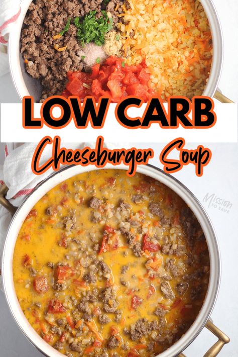 Craving a cheeseburger on your low carb or keto diet? Satisfy that taste with this Low Carb Cheeseburger Soup recipe. It's a keto-friendly comforting meal that the whole family will love. Easy Low Carb Cheeseburger Soup, Cheeseburger Soup Crockpot Keto, Hamburger Soup Keto Low Carb, Low Carb Crockpot Recipes Easy, Cauliflower Cheeseburger Soup, Keto Beef Soup Recipes Low Carb, Keto Cheeseburger Soup Recipes, Savory Keto Dinners, Ivy Odom Recipes