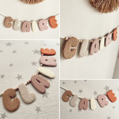 Create a special and unique wall art for your baby and children's rooms with this one-of-a-kind, modern felt garland. It is perfect for baby showers and other special events as party favors. #namegarland #feltgarland #babyroomdecor #namebanner #punchneedle #punchneedleembroidery #punchneedleart #punchneedlesupplies Modern Punch Needle Art, Shower Party Favors, Baby Couture, Hand Crafts For Kids, Punch Needle Patterns, Boho Nursery Decor, Pola Sulam, Hand Embroidery Projects, Baby Shower Party Favors