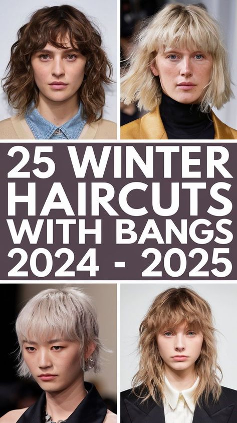 Short haircuts with bangs are trending in 2024 - 2025 for women who want a bold and fresh look. A short shaggy cut with wavy bangs adds texture and is easy to style. For a more polished approach, a short blonde bob with straight bangs creates a modern, chic appearance. Pair this style with bold highlights or a deep side part for added flair. Short Wavy Hair With Side Bangs, Platinum Blonde Lob, 2024 Bangs, Hair For Winter, Ash Blonde Short Hair, Winter Haircut, Bold Highlights, Shaggy Cut, Blonde Bob With Bangs