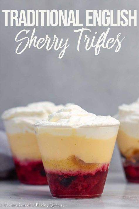 Mini English Sherry Trifles are the perfect make-ahead dessert. Filled with berries, pound cake, a sherry soak, Birds Custard and topped with fresh whipped cream. Make all the components ahead of time and make it a fun assembly line of trifle making! All you need are Mixed Berries, Pound Cake, Orange Juice and Sherry, Custard and Whipped Cream to make this Sherry Trifle Recipe!  #triflerecipe #sherrytrifles #englishstrifle #britishpuds Birds Custard Recipes, Bird Custard Recipes, Custard Recipes Desserts, British Trifle Recipe, Birds Custard, Sherry Trifle, Chip Butty, Bird's Custard, Raspberry Trifle