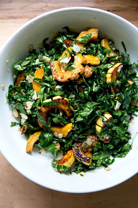 Raw Collard Greens Salad with Delicata Squash | Alexandra's Kitchen Collard Green Salad, Delicata Squash Salad, Collard Greens Salad, Roasted Delicata Squash, Collard Greens Recipe, Collard Green, Greens Salad, Squash Salad, Delicata Squash