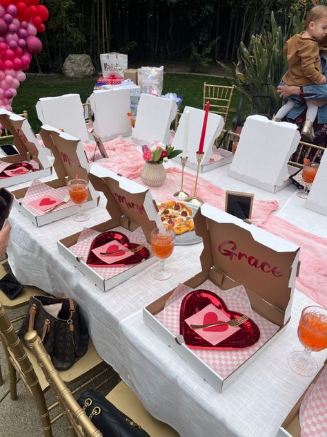 Pizza oven bridal shower Hen Do Pizza Party, Valentine Bridal Shower Theme, Pizza Bridal Shower Ideas, Valentines Theme Bridal Shower Ideas, Pizza Themed Bachelorette Party, Pink Pizza Party, Pizza Party Bridal Shower Decorations, Galentines Bridal Shower Ideas, Pizza And Pjs Party