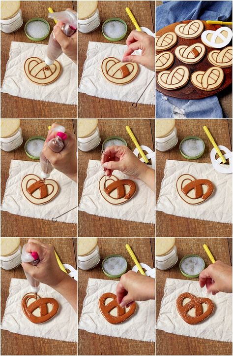 How to Make Easy Pretzel Cookies with Royal Icing | The Bearfoot Baker Pretzel Cookies Decorated, Oktoberfest Decorated Cookies, Octoberfest Cookies Decorated, Oktoberfest Cookies Decorated, Oktoberfest Cookies, Icing Cookies Tutorial, Decorated Pretzels, How To Make Pretzels, Snack Cookies