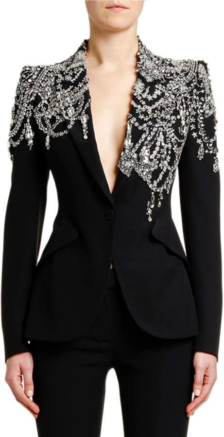 Alexander Mcqueen Crystal-Embellished Jersey Blazer Jacket Couture Mode, Black Suit, Looks Chic, Casual Blazer, Mode Inspiration, Alternative Fashion, Couture Fashion, Look Fashion, A Black