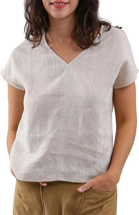 Amazon.com: Amazhiyu Women's 100% Linen Tops Summer Short Sleeve V Neck Casual Blouse Flax, Small : Clothing, Shoes & Jewelry Linen Top, Casual Blouse, Summer Shorts, Summer Tops, Summer Women, Top Styles, Button Down Shirt, Fashion Branding, Topshop