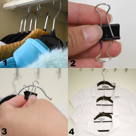 Clothing Hacks using Binder Clips to hang clothes to save space Hanger Hacks Clothes, Diy Space Saving Hangers, Clothes Hanging Ideas Space Saving, Hacks For Hanging Clothes, Diy Hangers Clothes, Clothes Hanging Hacks, Hanging Clothes Hacks, Hanger Organizer Diy, Diy Hanging Clothes