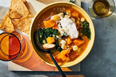 Warm and Comforting Butternut Squash and Chicken Pozole—in Under 30 Minutes Cosy Recipes, Butternut Chicken, Butternut Squash And Chicken, Chicken Pozole Recipe, Chicken And Kale, Protein Soup, Chicken Pozole, Pozole Recipe, Chicken Kale