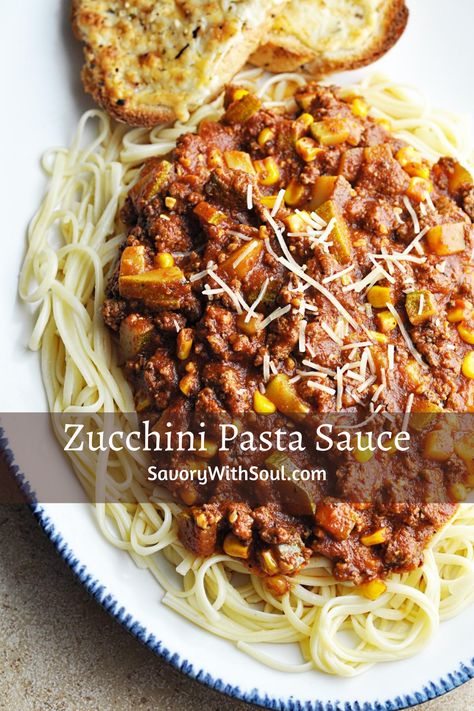 This zucchini pasta sauce with meat is such a hearty, flavorful meat sauce that includes zucchini and corn for extra flavor and nutrition.  #savorywithsoul #zucchinirecipes #zucchinipastasauce #zucchinimeatsauce #zucchinispaghettisauce #pastasaucerecipes #meatsauce Pasta Sauce With Zucchini, Crock Pot Goulash, Slow Cooker Goulash Recipes, Slow Cooker Goulash, Ground Beef Zucchini, Zucchini Pasta Sauce, Beef Zucchini, Zucchini Pasta Recipes, Zucchini Spaghetti