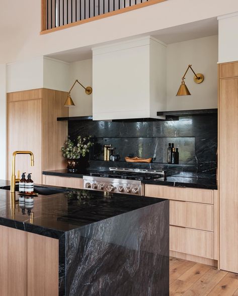 Whoever said small kitchens can’t be sexy clearly wasn’t using the right materials. This is from our recent custom build in Northern Ontario, with a secret pantry door access with everything hidden away so the natural stone can be the real star of the show.  My personal favourite detail is the niche in the backsplash for easy access items and hidden outlets, that give an extra level of depth to the already beautiful stone that flows through.  #interiordesign #homehacks #homeimprovement#design... Secret Pantry Door, Secret Pantry, Hidden Outlet, Hidden Outlets, Kitchen Outlet, Northern Ontario, Real Star, Small Kitchens, Pantry Door