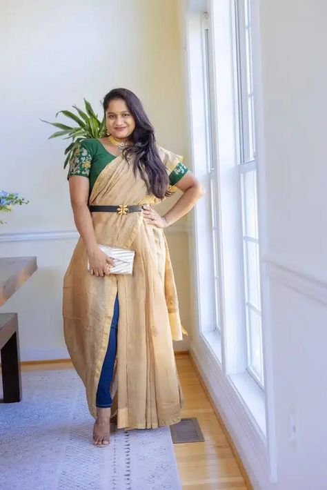 Re-styling this beautiful Chanderi Saree with jeans today.  Saree with jeans is not a new style, but a big notch up in my saree-draping journey. I never Saree With Jeans, Brunch Looks, Saree Looks, Light Color Jeans, Kalamkari Blouse, Chikankari Work, Indian Handloom, Chanderi Saree, Half Sarees