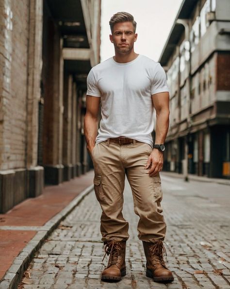 Brown Cargo Pants Outfit, Guy Outfit, Brown Boots Outfit, Brown Cargo Pants, Brown Combat Boots, Cargo Pants Outfit, White Shirt Men, Stylish Mens Outfits, Pants White