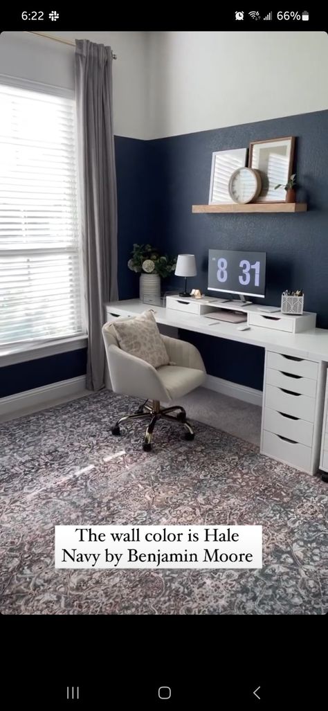 Navy Blue And White Home Office, Navy Blue Home Office Ideas, Hale Navy Office Walls, Navy Blue And Gold Office, Gray Blue Office, Navy And White Office, Navy Blue Office Walls, Navy Office Walls, Navy Blue Home Office