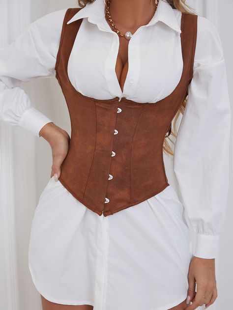 Brown    Suede Plain Tops Embellished Non-Stretch  Women Intimates Shapewear Corset, Corset Top Outfit, Brown Corset, Fashion Corset, Corset Blouse, Corset Outfit, Shapewear Tops, Corset Fashion, Elegante Casual