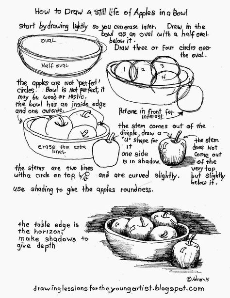 How To Draw A Still Life Of Apples In A Bowl Bowl Drawing, Sketch Note, Art Worksheets, Still Life Drawing, Drawing For Beginners, Art Instructions, Drawing Lessons, Art Classroom, Elementary Art