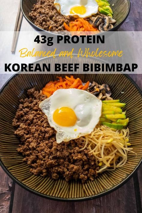 Korean Beef Bibimbap High Protein Korean Meals, High Protein Asian Meals, High Protein Asian Recipes, Healthy Korean Beef, Korean Beef Bibimbap, Beef Bibimbap, Healthy Korean Recipes, High Protein Lunch Ideas, Protein Food