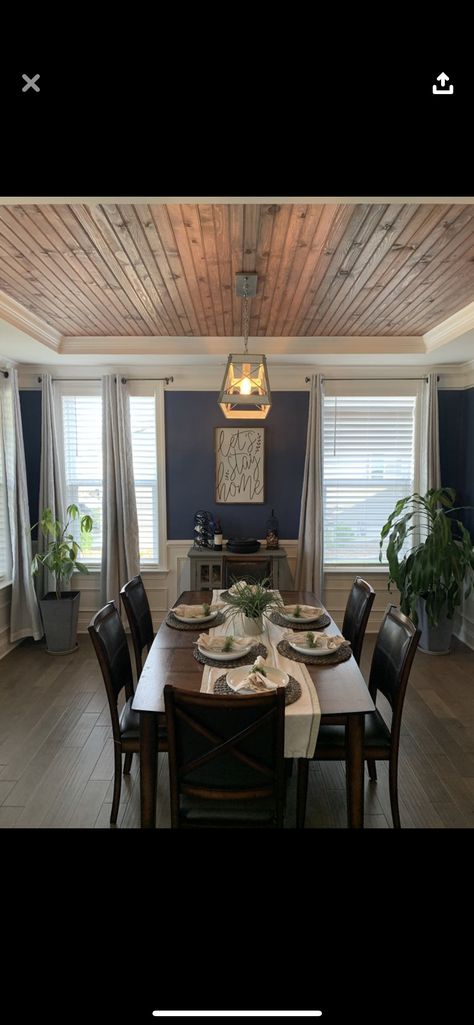 Tongue And Groove Ceiling Dining Room, Dinning Room Ceiling Design Wood, Tray Lighting Ceiling, Natural Wood Tray Ceiling, Tongue And Groove Living Room Ceiling, Paneled Tray Ceiling, Tray Ceiling Ideas Living Room Wood, Waynes Coating Ceiling Ideas, Adding Beams To Tray Ceiling